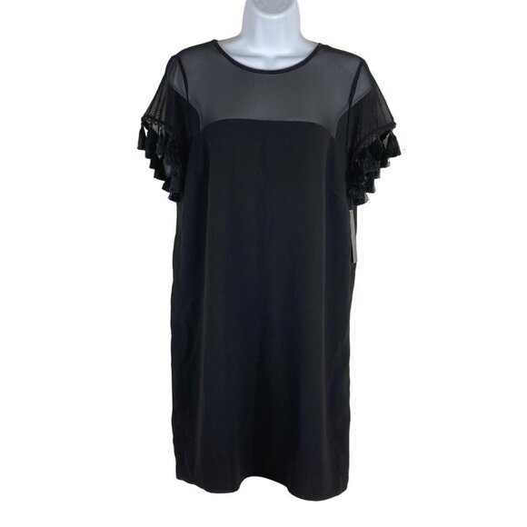 Lulus Iced Latte Black Shift Dress Mesh Tassel Short Sleeve NWT Women's Medium‎ - Picture 3 of 10
